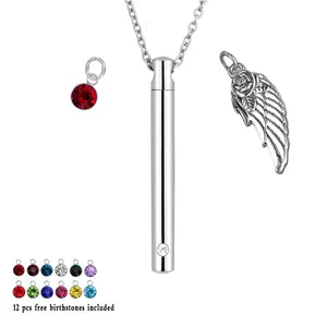 12 Color Birthstone Cremation Urn Jewelry Bar Cylinder Memorial for Ashes angel Wings Necklace Pendant Keepsake