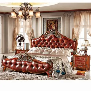 Set Furnitur Kamar Tidur, Set Furnitur Kamar Tidur Gaya Italia Ukuran King Queen Papan Kepala Kulit MDF Warna Cokelat Tua Mewah