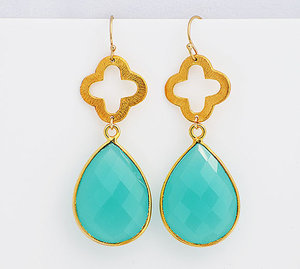 Boucles d'oreilles argent sterling 925 Aqua Calcedony pierre précieuse plaqué or vermeil - Product Image 1