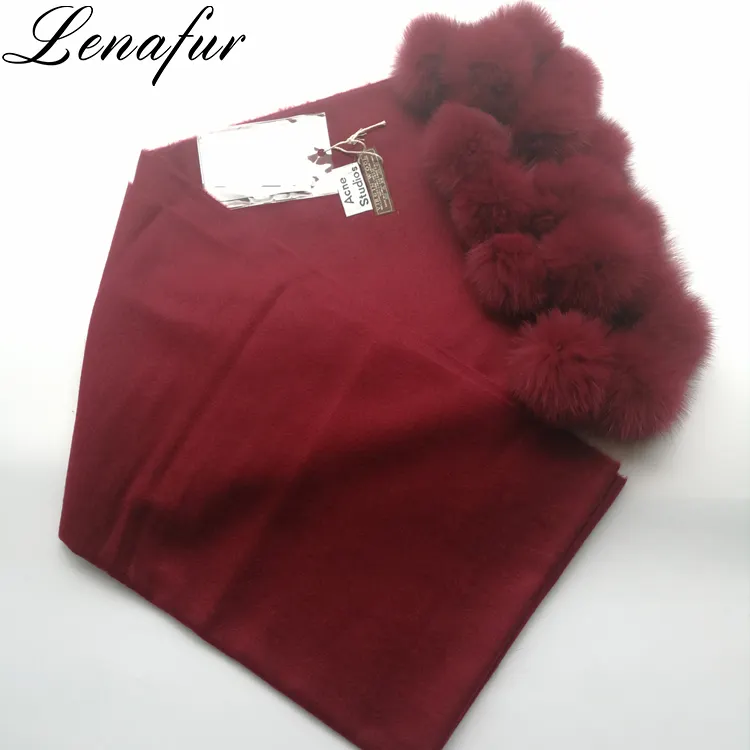 ฤดูหนาว Custom Real Fox Fur Pompom ลูกแกะผ้าขนสัตว์ชนิดหนึ่งผ้าคลุมไหล่ขนสัตว์ผ้าพันคอสำหรับผู้หญิง