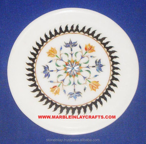 Assiette ronde en marbre incrusté, faite à la main, antique, magnifique, en marbre blanc, incrustation fine, pour cadeau de mariage ou de fête - Product Image 1
