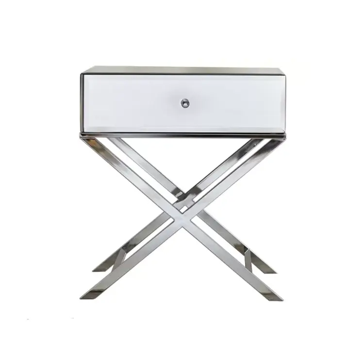 Moderne en acier inoxydable argent miroir verre chevet 1 tiroir Table De Chevet