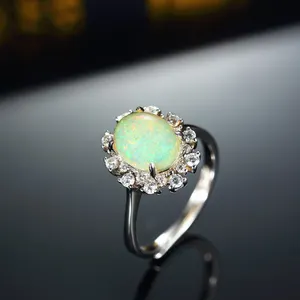 Cincin Batu Cabochon Opal Alami, Perhiasan Desainer 925 Perak Murni 18K Berlapis Emas Putih Perhiasan Cincin Wanita