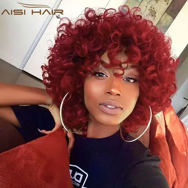 Aisi Hair Wholesale Cheap Price 14 Inch Wine Red Color Curly Synthetic Wigs Heat Resistant Fiber Afro Spiral Curl Wigs For Women