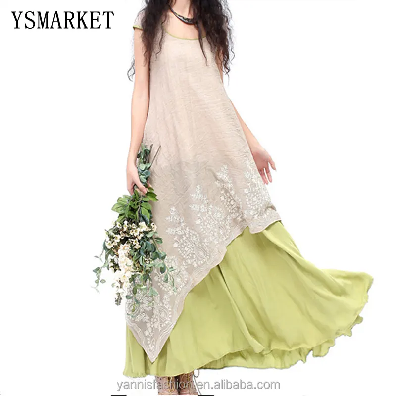 Vestido de algodón y lino de talla grande para mujer, vestido de dos piezas de estilo Rural, informal, Irregular, E9632