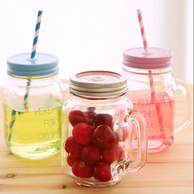 wholesale 12/16oz with metal lid and straw mason jar glass jar glass mason jar