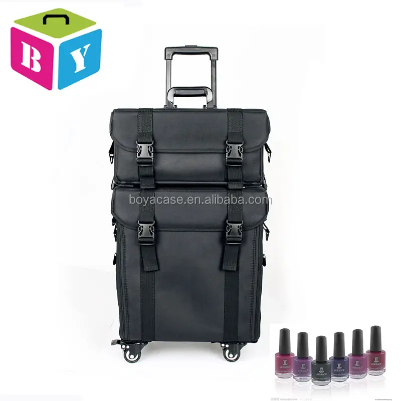 wholesale professional 2 in 1 trolley soft nylon makeup cosmetic storage case with 4 universal wheels for makeup artist 2020 NEW