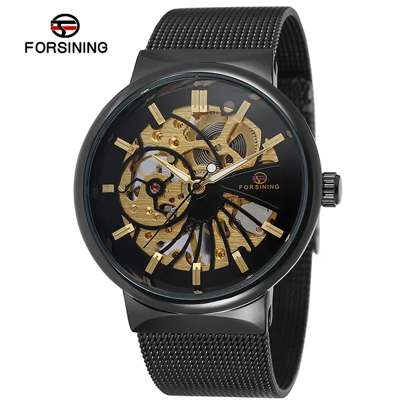 FORSINING Men Mechanical Gold Skeleton Watches Fashion Luxury Brand Ultra Thin Case Neutral Design Mechanical Watches Mesh Band