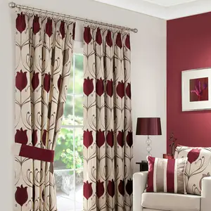 Wine Lined Pencil Pleat Living Room Curtains