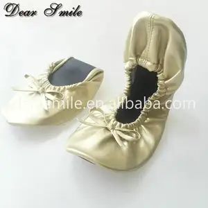 รองเท้าบัลเล่ต์สีทองสำหรับผู้หญิง,รองเท้าแบบม้วนสำหรับเต้นปาร์ตี้ของขวัญโปรโมชั่นและงานแต่งงานพร้อมกระเป๋า