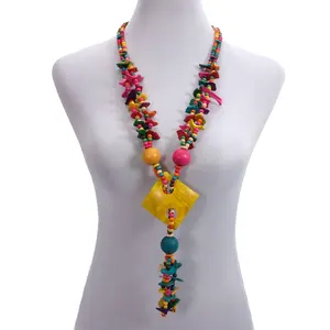 OEM Wholesale Multi Color Coconut Shell Knit Handmade Ethnic Pendant Bohemian Wood Beaded Geometric Necklace for Women Jewelry