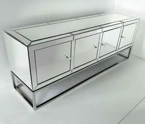 Berlin 4 Door Stainless Steel Base Polish Silver Mirrored Glass TV Stand Table