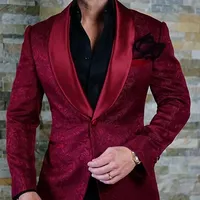 Jujihd109 — veste à revers de châle, rouge, Tuxedos pour hommes, manteau, pantalon, modèles pour Cocktail, mariage, bal, promo