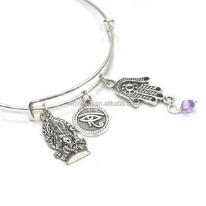 Spirtual bracelet Ganesha Charm Hamsa bracelet Eye of Horus Silver tone