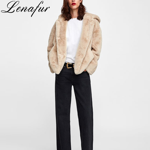 Winter Warm Soft Beige Artificial <strong>Fur</strong> Coats Manmade Rex Rabbit <strong>Fur</strong> <strong>Jacket</strong> Coat Faux <strong>Fur</strong> <strong>Hooded</strong> <strong>Jacket</strong> for Women - Product Image 2