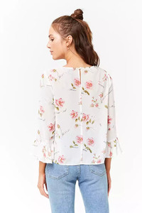 Camicetta Sexy KY in Chiffon <span class=keywords><strong>con</strong></span> Scollo Rotondo, <span class=keywords><strong>Maniche</strong></span> Lunghe <span class=keywords><strong>a</strong></span> Campana, Bottoni sul Retro e Apertura <span class=keywords><strong>a</strong></span> Occhiello, Stampa Floreale Integrale - Product Image 4