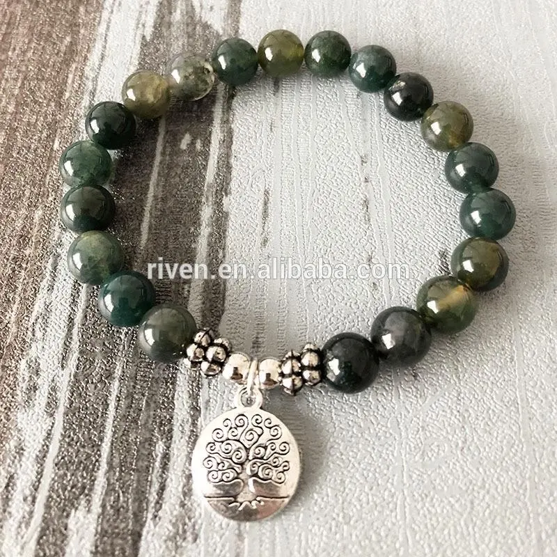 SN1072 Yoga Wrist Mala Beads Tree of Life Healing Gemstones Bracelet Man Genuine Moss Agate Bracelet