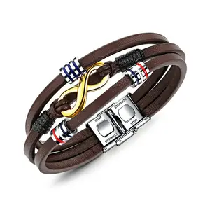 Marlary Fashion Italian Men's Leather Bracelet with Infinity Charm and Steel Magnetic Clasp Man Bracelet Trends