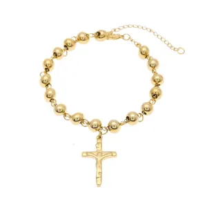 Pulsera con cuentas de cruz de Jesús chapada en oro de 18K, joyería religiosa, nueva tendencia