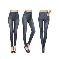 Innerwin Capri Fake Jeans Tummy Control Women Look Print Jeggings Workout Butt  Lifting Stretch Denim Printed Leggings Blue C L 
