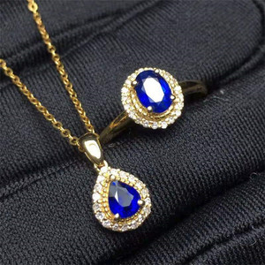ブルージェムストーンジュエリー18kゴールド南アフリカリアルダイヤモンド0.4 + 0.65ctスリランカナチュラルサファイアペンダントネックレスリングセット - Product Image 3