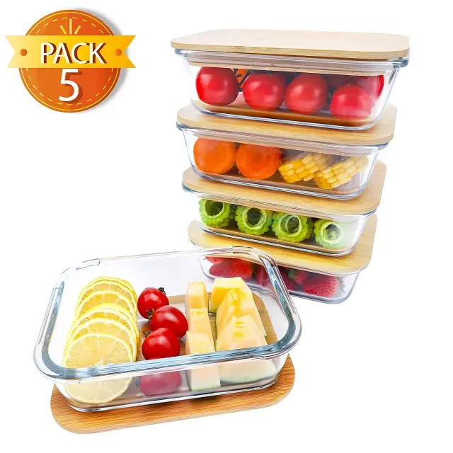 Wholesale microwavable borosilicate glass food storage container lunch box with wooden bamboo lid