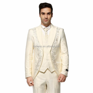 Traje de Moda Color Marfil (Chaqueta+Pantalones+Chaleco), <span class=keywords><strong>Trajes</strong></span> Personalizados de Color Sólido con Pedrerí<span class=keywords><strong>a</strong></span>, Traje de Boda para Hombre, Traje Bordado de Tres Piezas, Esmoquin - Product Image 1