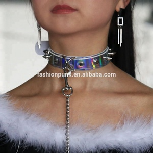 Collar de cuero PU holográfico con remaches, estilo punk, sexy, para mascotas, con cuerda de tracción, gargantilla de moda con cadena. - Product Image 5