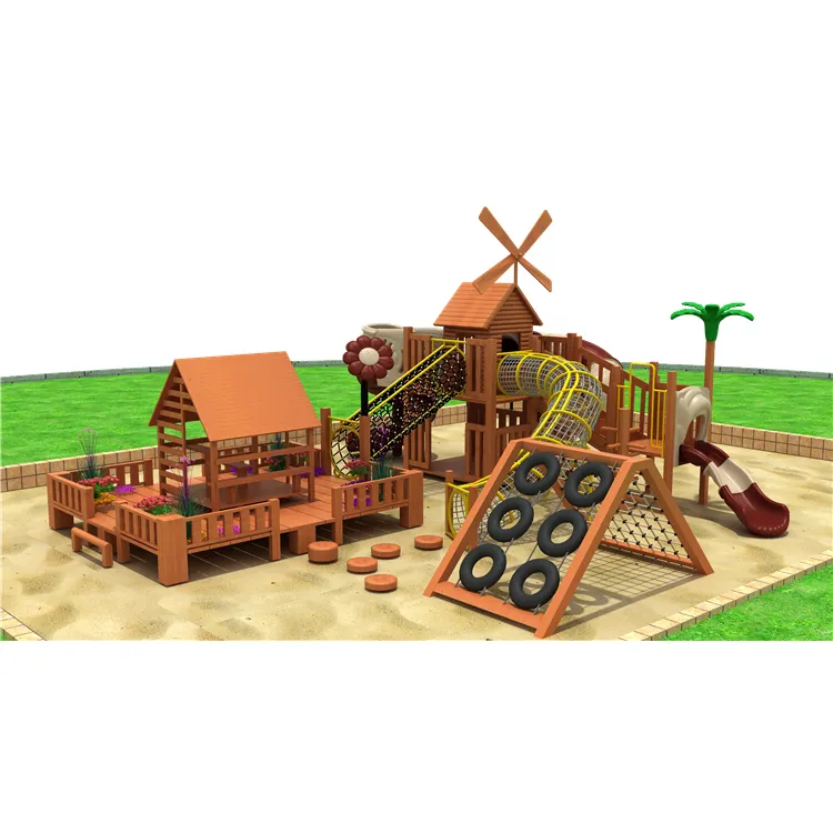 Pre-scuola parco giochi all'aperto per bambini attrezzature parco di legno per bambini grandi bambini scivolo per la vendita
