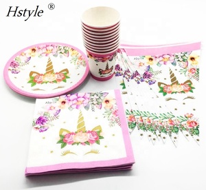 Hstyle fête d'anniversaire décoration <span class=keywords><strong>licorne</strong></span> fête papier assiette tasse serviette chapeau nappe enfants joyeux anniversaire fournitures vaisselle ensemble - Product Image 3