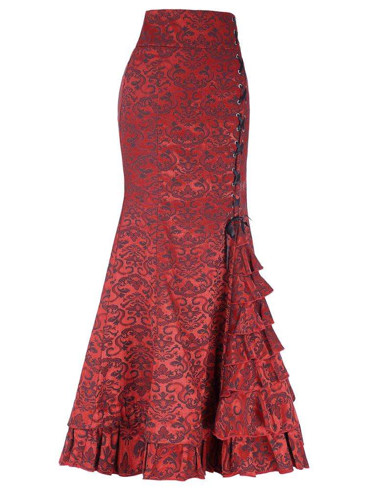 OEM rok Maxi panjang putri duyung anak perempuan, rok Maxi panjang putri  duyung gaya Retro Victoria lipit Ruffled Jacquard untuk wanita