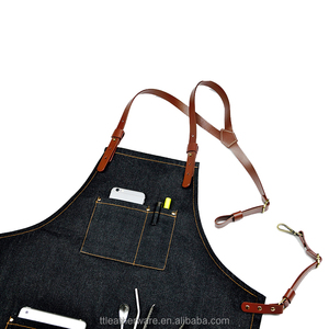 <b>Black</b> Denim Barber Kitchen <b>Apron</b> with Genuine Leather Strap - Product Image 3