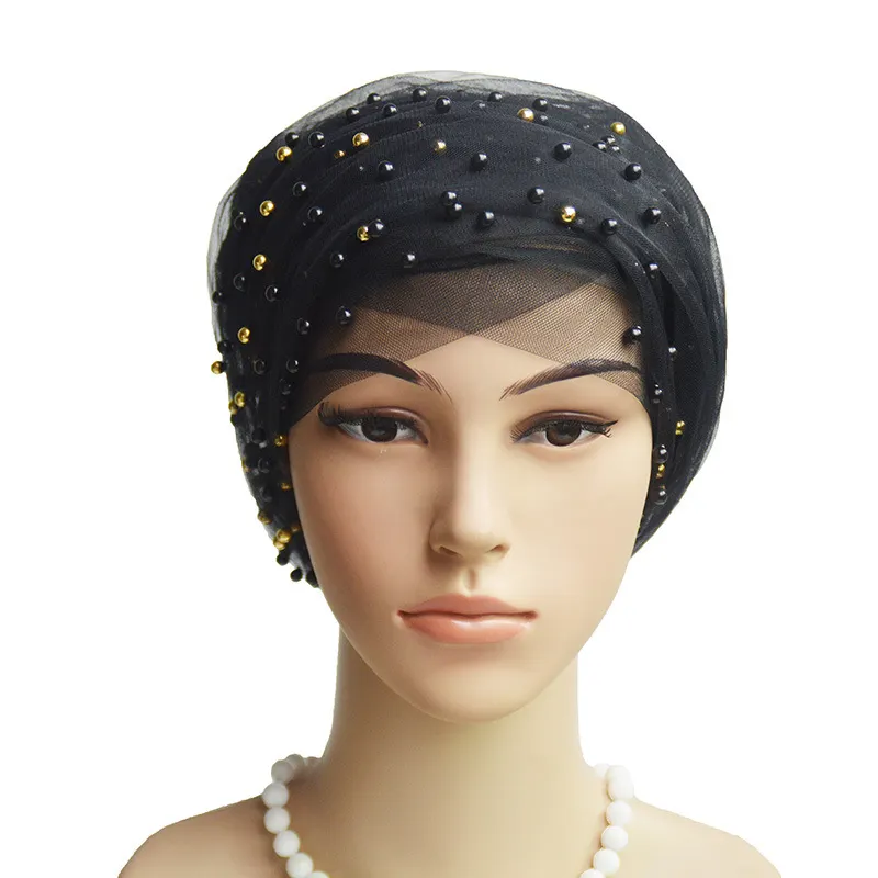 Pearl mesh head scarf cap Muslim hat long tail headgear