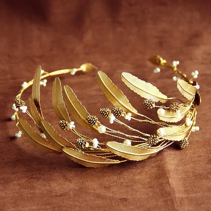 Diadema Vintage de corona barroca para novia, accesorios para el cabello de boda, tiara de hojas doradas, joyería dorada, diademas vintage