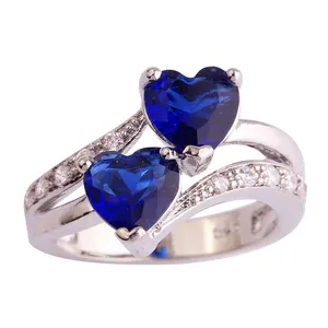 SJAE023 SJ个性化设计蓝宝石宝石黄铜白色镀金分体式双心形时尚珠宝订婚戒指