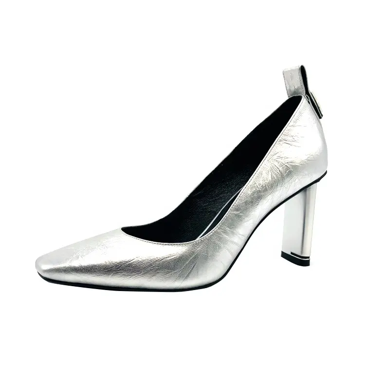 Sexy silver high heel shoes square toe leather shoes for women