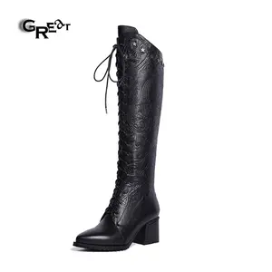 Wholesale Embossed leather Ladies Boots Strappy Pointed Toe Long Boots Ladies Boots Shoes