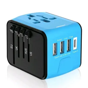 Adaptador de viaje Universal con 4 USB, enchufe de la UE, AU, EE. UU., Reino Unido, todo en uno, adaptador de corriente universal con 1 Tipo C