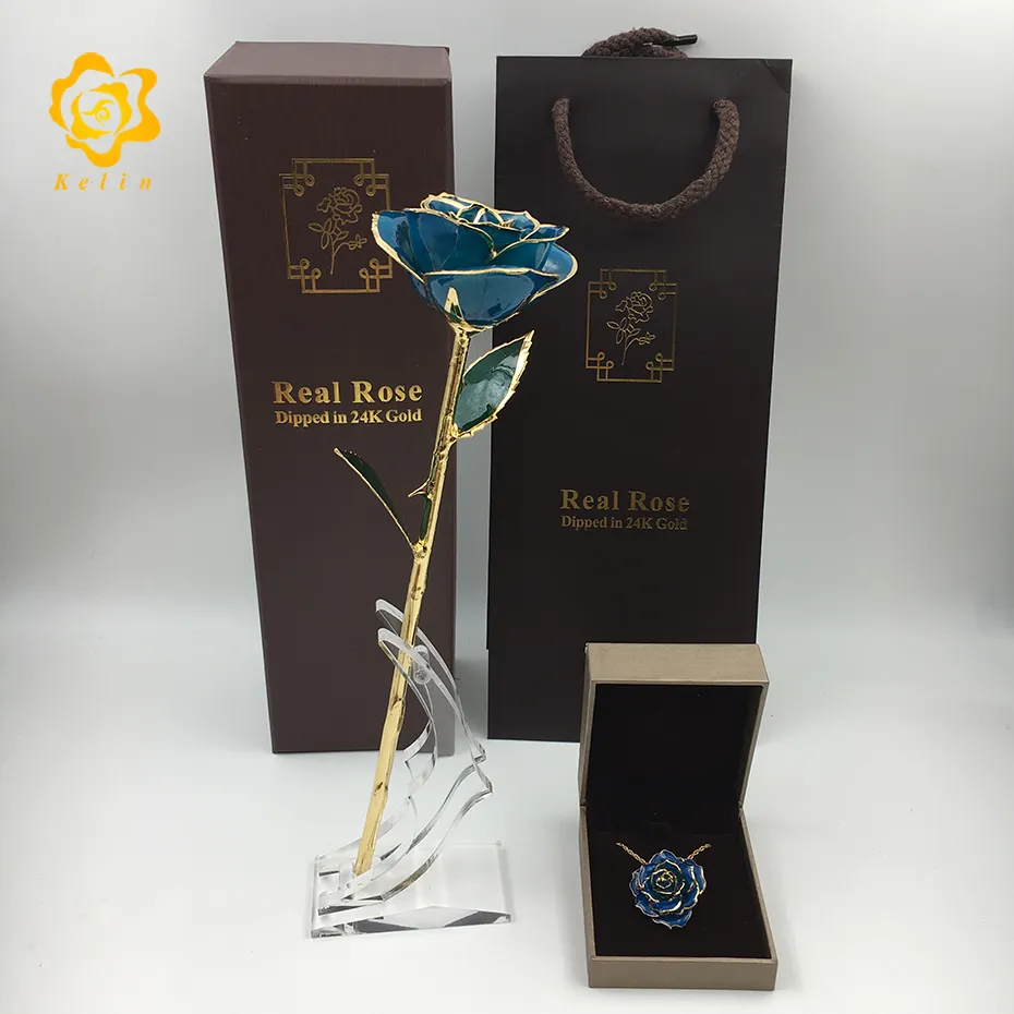 Hadiah Hari Valentine Terbaik, Kalung Mawar Alami Lapis Emas 24K dan 999.9 Celup Emas