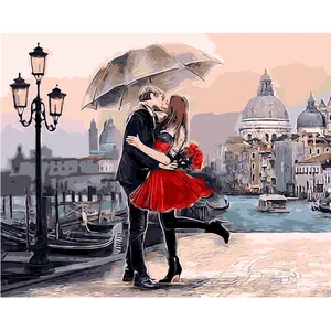 Modern Oil Painting Lovers Kissing At The Ferry With Umbrellas Paint By Number Picture On Canvas Art Wall