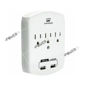 3 Outlet Mini Surge Protector Current Wall Tap With 2 USB Ports 2.4A 350Joules Surge Protector