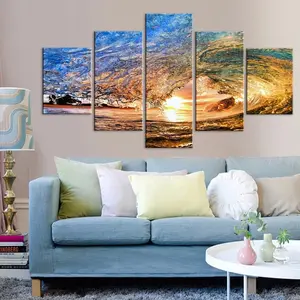客厅壁画艺术框架油画5件日落海洋海浪图片高清版画海景海报家居装饰