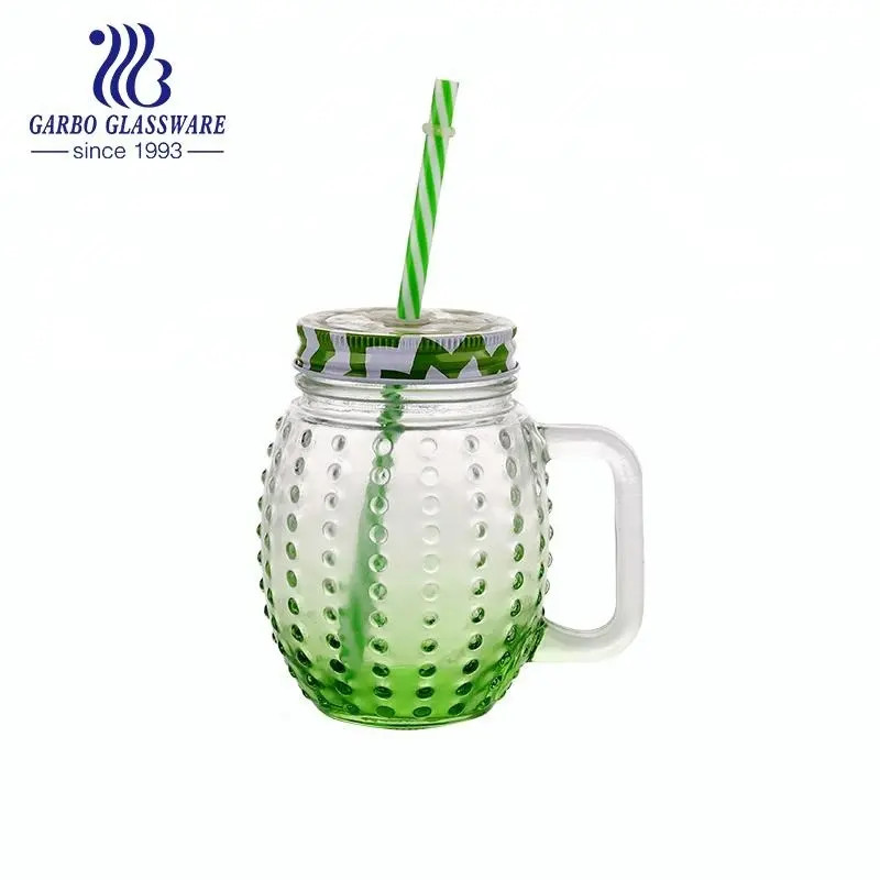 Schattige Ontwerpen Spray Groene Kleur Cactus Vorm Water Glazen Potten Stro Groothandel Food Grade Cock Glazen Mason Pot Met Spray Color