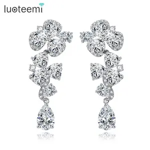 LUOTEEMI Wholesale Shinning Clear Cubic Zirconia Romantic Flower Petal Tassel Bridal Dangle Drop Earrings