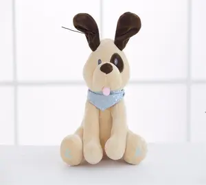 wholesale 30cm beige motor-driven musical hide-and-seek plush dog toy, power-operated musical customized peek-a-boo plush animal