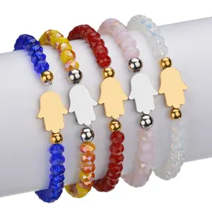 Cheap wholesale fashion jewelry colored crystal glass bead stainless steel personalized hamsa hand charms bracelets