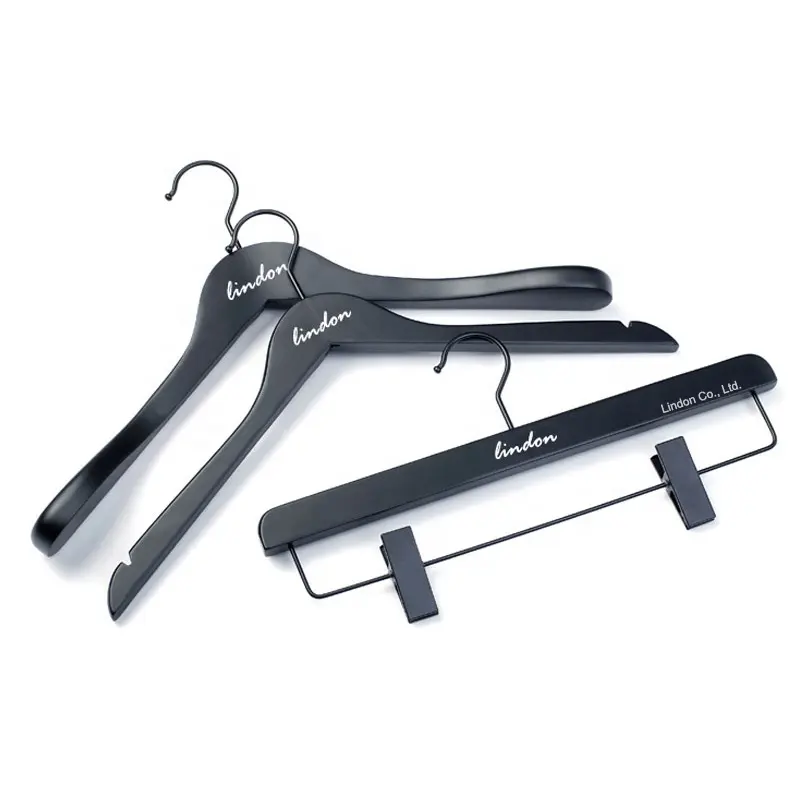 Lindon Kleding Hanger Custom Logo Mat Zwart Houten Merk Jas Pak Hangers Voor Kleding