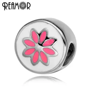 REAMOR Enamel Pink Lotus Flower 316L Stainless鋼European Charm Beads Spacer BeadsためBracelet & Necklace Jewelry DIY