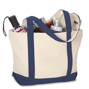 12 OZ Canvas Durable Eco Two-Tone Accent Gusseted Printed Tote Shopping Bag With Reinforced Handles