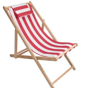 Solid Wood Outdoor Relax Beach Chair Canvas Lounge Chair with Pillow